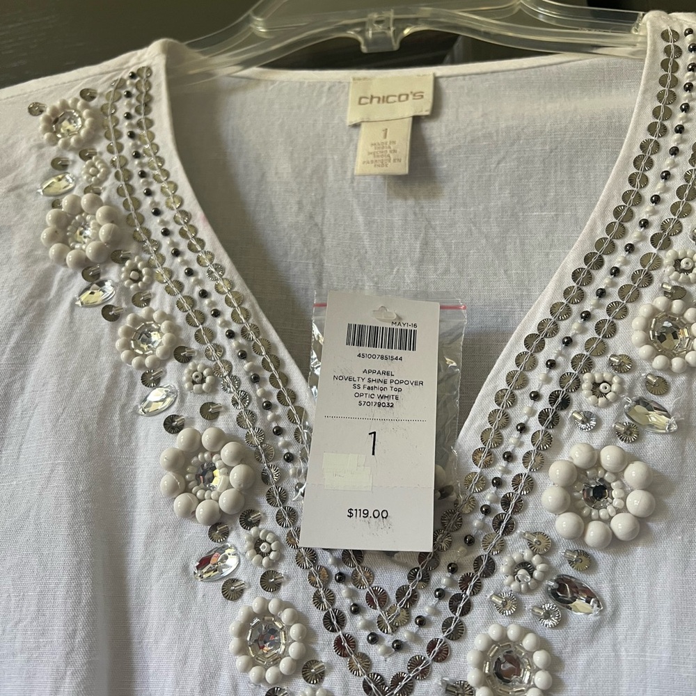 Chico's White Embellished V-Neck Top - Picture 5 of 9